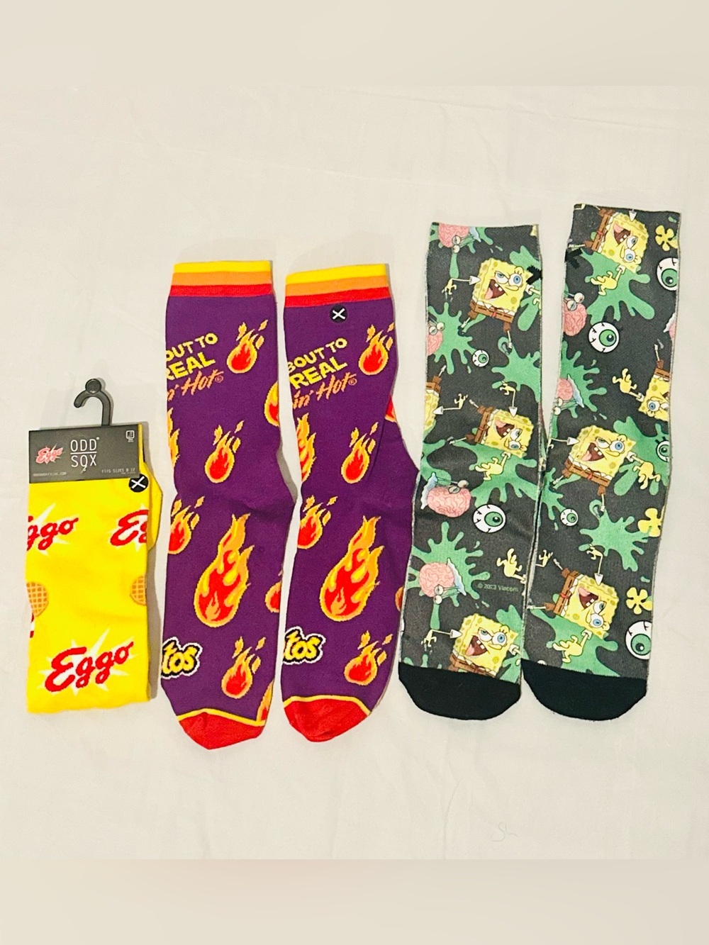 Eggo x Odd Sox Assorted Men’s Crew Socks - Purple Flame & SpongeBob Styles